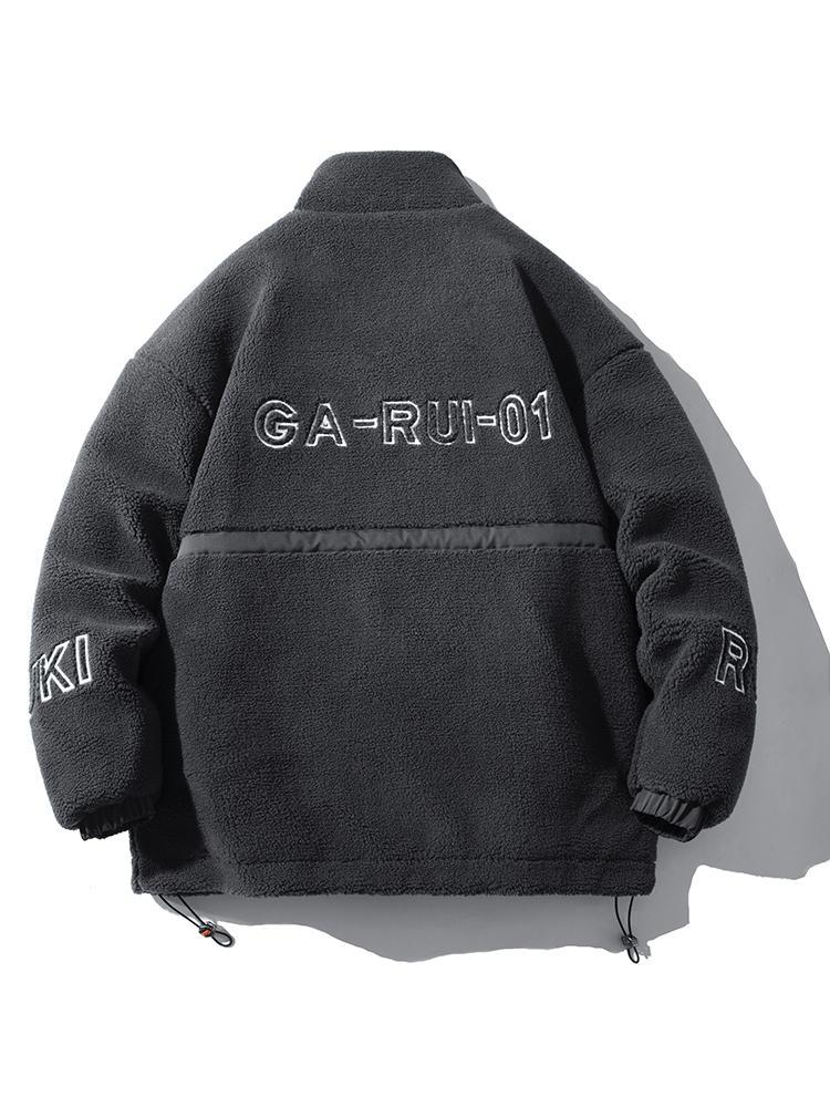 Men's stand collar lambskin embroidered warm cotton clothing Large loose casual fleece thick coat American street style letter embroidery fleece jacket