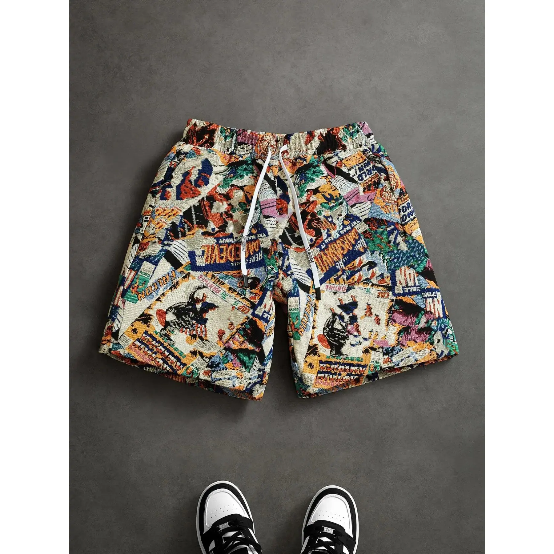 Men's Retro High Street All Over Print Shorts, Breathable Loose-Fit Shorts with Drawstring Waist, Summer Essential Bottoms