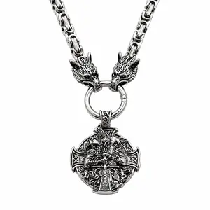 Viking Wolf Head Pendant Necklace for Men, Stainless Steel Norse Warrior Necklace, Double Wolf Head Chain, Nordic Rune Amulet Jewelry, Biker Gothic Gift