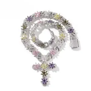 [ICE HUE]18K Gold Vacuum Plated Copper with 5A+ Sri Lanka Zircon Colorful Flower Cross Necklace Miami Italy Mexico & Micro Inspired for Women & Men Luxury Jewelry,Daily Wear,Casual Fashion,Gift Idea,Chicano,Classic,Hip Hop,Simple,Sporty Style