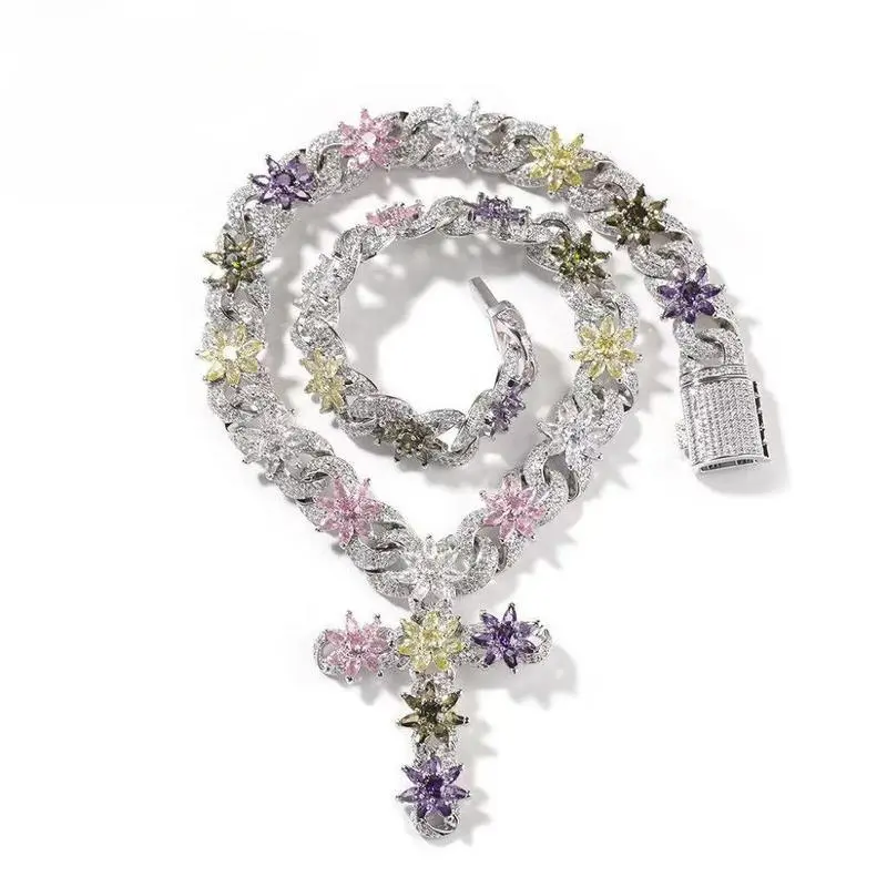 [ICE HUE]18K Gold Vacuum Plated Copper with 5A+ Sri Lanka Zircon Colorful Flower Cross Necklace Miami Italy Mexico & Micro Inspired for Women & Men Luxury Jewelry,Daily Wear,Casual Fashion,Gift Idea,Chicano,Classic,Hip Hop,Simple,Sporty Style Cuban Link D