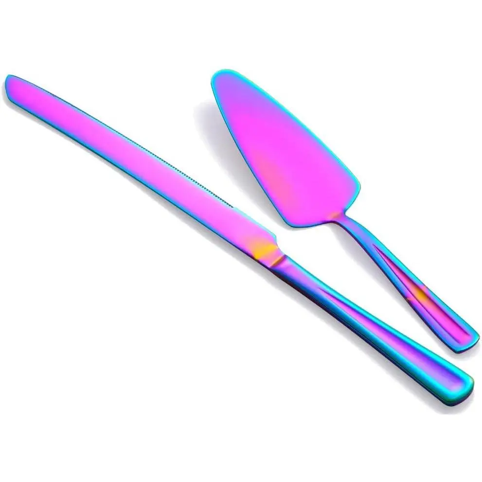 Iridescent Ergonomic 12-Inch Mirror Finish Stainless Steel Cake Knife and Server Set, for Cake Cutting, Birthdays, Anniversaries