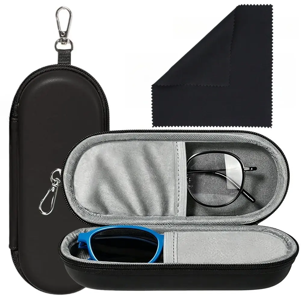 Portable PU Leather Hard Shell Sunglasses Case, Includes Cleaning Cloth, Durable Dual Compartment Zippered Box, Unisex Travel Eyewear Bag, Glasses Storage