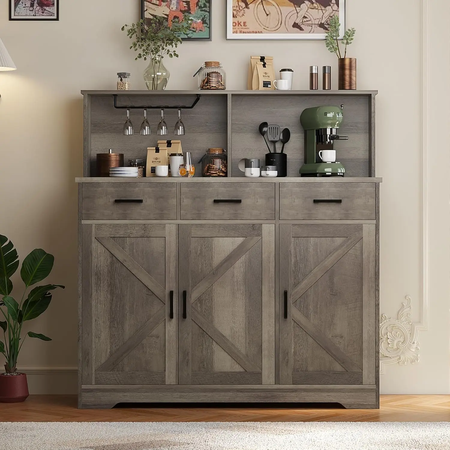 Garvee Farmhouse Sideboard Buffet with Microwave Stand, Barn Doors Buffet Storage Cabinet with Drawers and Shelves, Wood Coffee Bar Cabinet for Kitchen, Dining Room, Living Room, Grey