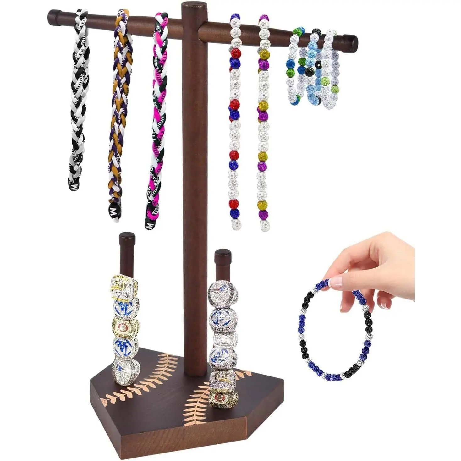 Wooden Sports Ring & Necklace Display Holder, Baseball Softball Championship Ring Organizer, Drip Necklace Storage Stand, Sports Gift for Athletes,Tool-free installation