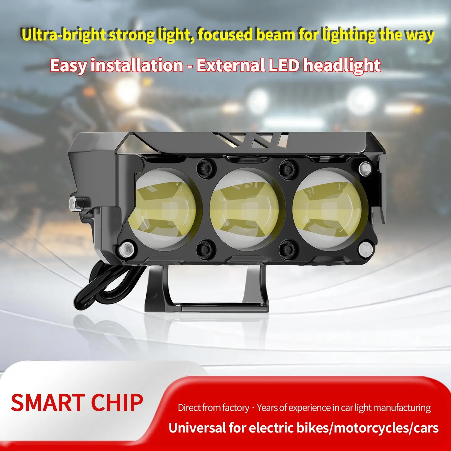 Motorcycle LED headlight - Yellow and white dual-color high/low beam fog lights - On/off - 3-bead lens front light - Driving modification off-road lighting - Suitable for cars, trucks, SUVs, UTVs - 12V, 24V, 36V high-brightness LED headlights