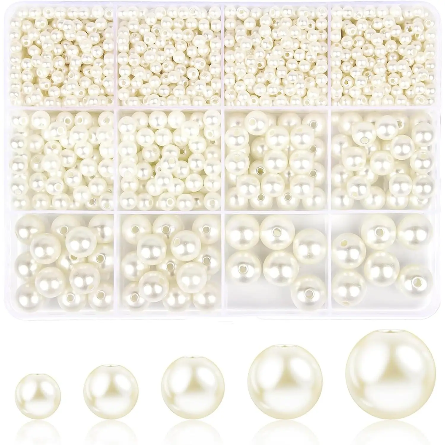 1228 count  Beads for  Making, 5 Sizes (4mm, 6mm, 8mm, 10mm, 14mm) Round  Imitation  with Holes for Bracelets, Necklaces, Crafts, Vase Fillers