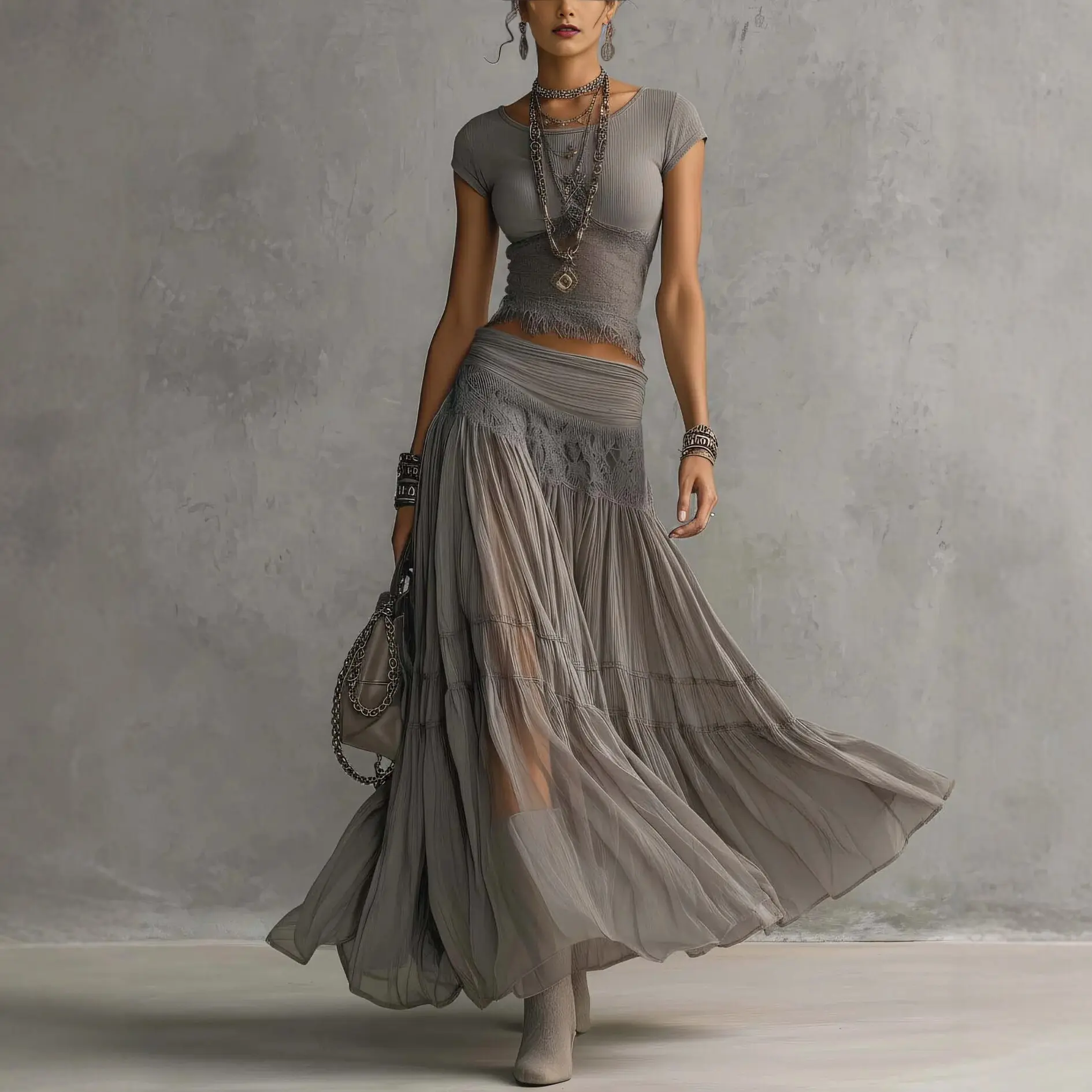 Boho-style flowy chiffon maxi skirt set featuring a form-fitting, short-sleeved top with lace detailing-a chic two-piece outfit perfect for street style, vacations, and photo ops.