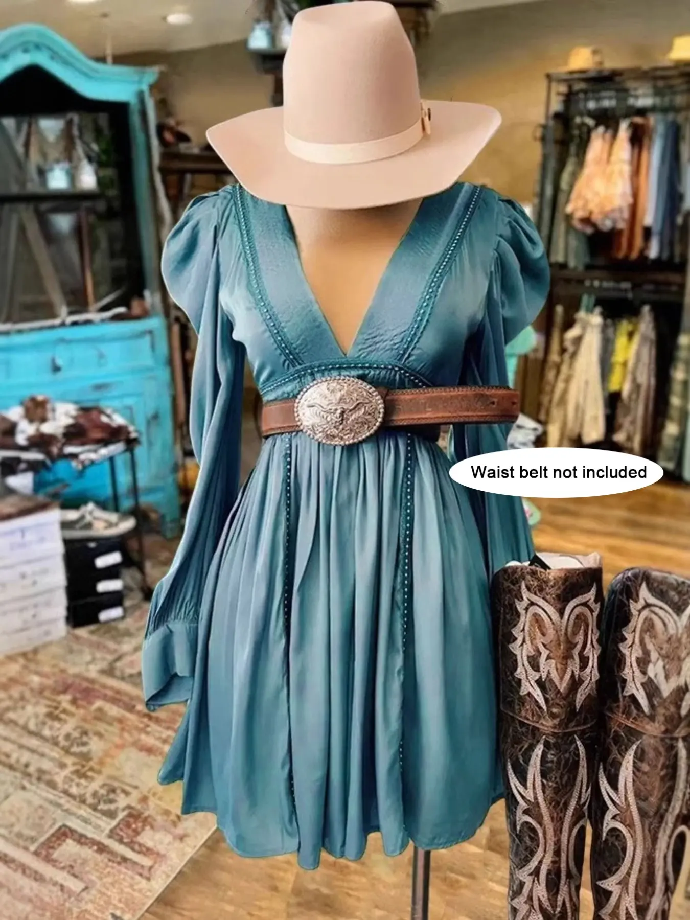 Women's Western Teal V-Neck Long Sleeve Dress, Waisted A-Line Mini Dress (Belt Not Included)