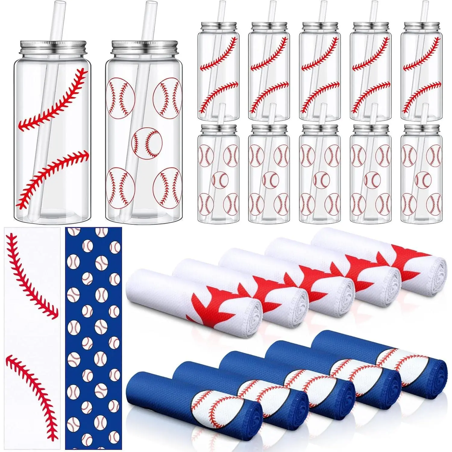 24 Pcs Baseball Party Gift Set Include 12 Baseball Cooling Towels 12 Plastic Cups Bulk with Lid Straw 14.2 Oz for Sport Party Favors Player Team Gifts