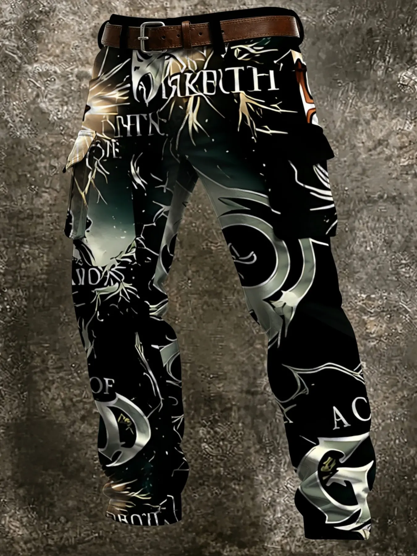 Men's dark-style rune and letter print cargo trousers, multi-pocket straight leg design, retro totem all-over print design, street style outdoor trendy casual men's trousers.