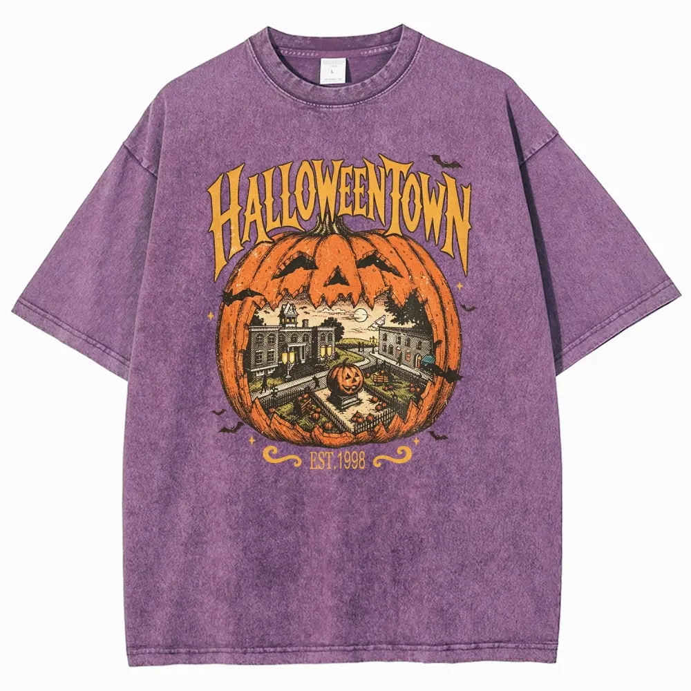 Unisex Halloween Jack-o'-lanterns, bats and starlight from Halloweentown Graphict Washed T-Shirt Personalized Pattern Y2k Clothing Round Neck Washed T-Shirt,Women's Clothing 100% Cotton, Menswear, Top, Vintage Style,Summer Casual Oversized