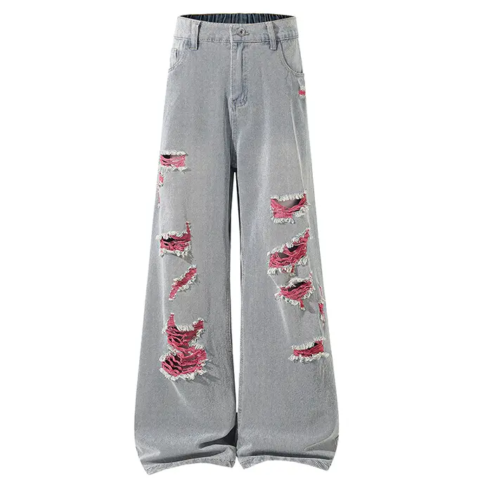 Men's ripped jeans with a cool, casual look, washed high-waisted drapey floor-length pants, purple and pink color-blocking American Y2K high street retro distressed loose-fit denim trousers#SummerWins
