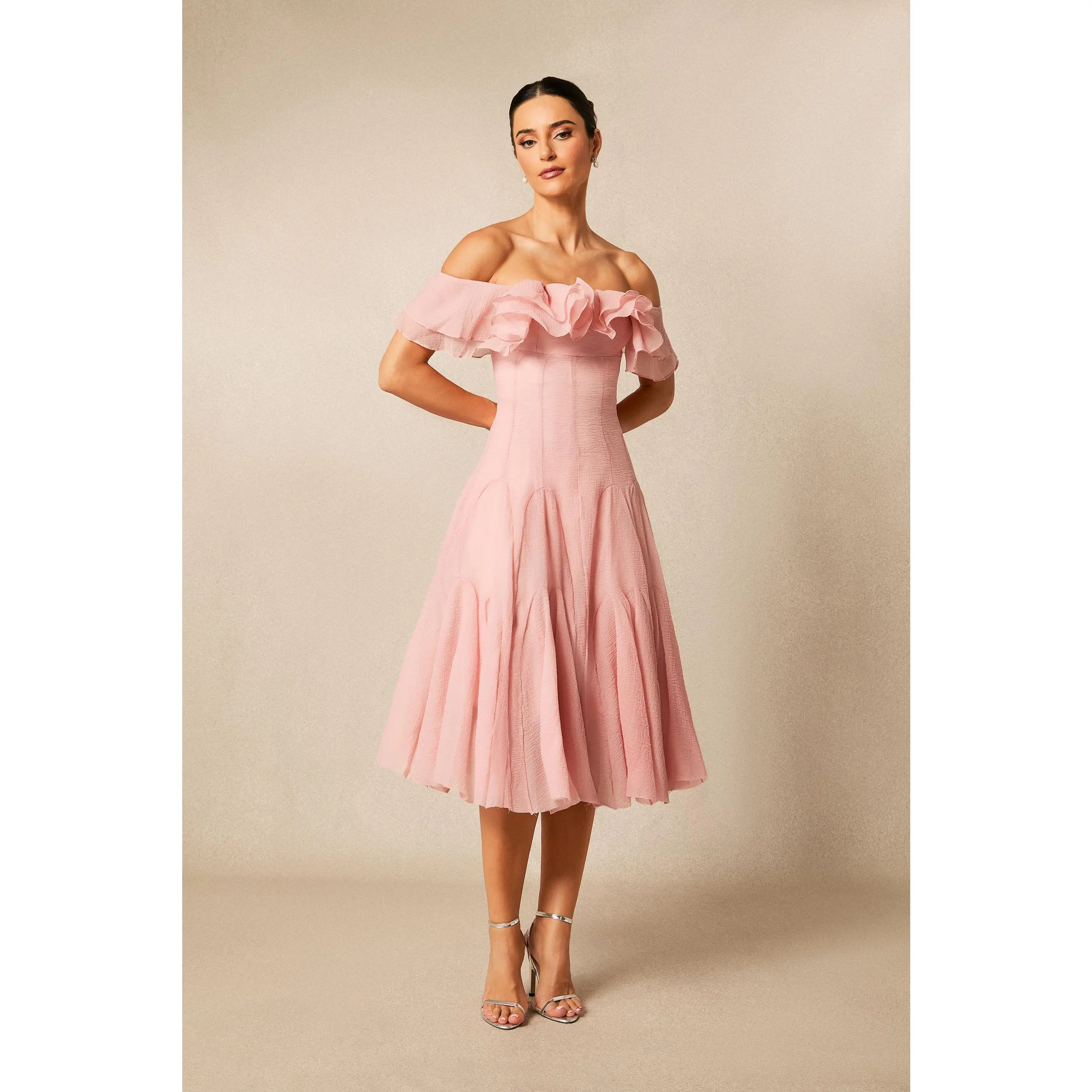 Sunfere Off Shoulder Ruffle Midi Dress - Flounced Hem Elegant Refined, Wedding Guest Cocktail Party Bridal Shower