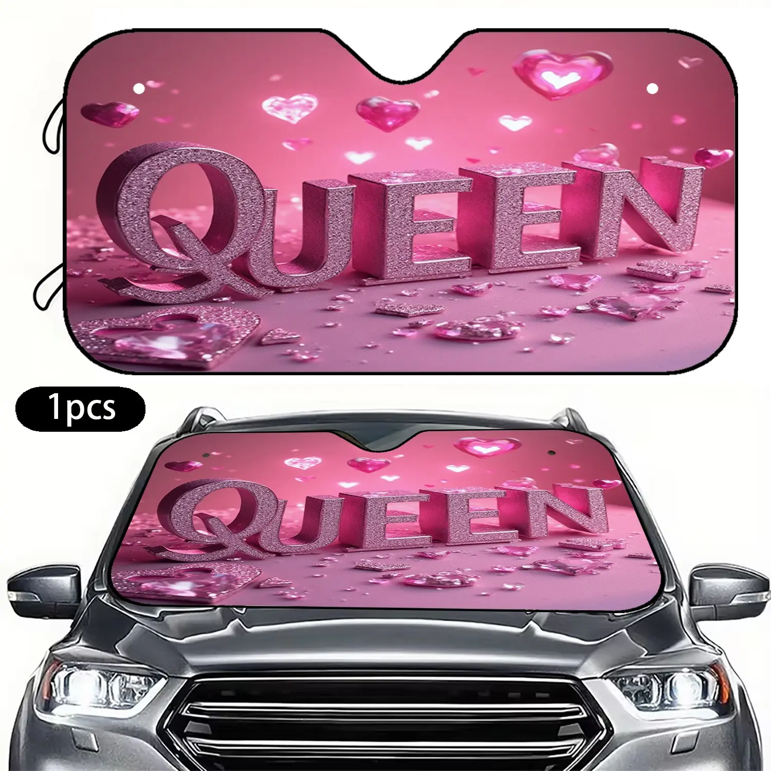 Heart Queen Letter Car Sunshade, 1pc Car Windshield Sunscreen, Car Interior Accessory, Pet Lover, Summer UV Protection