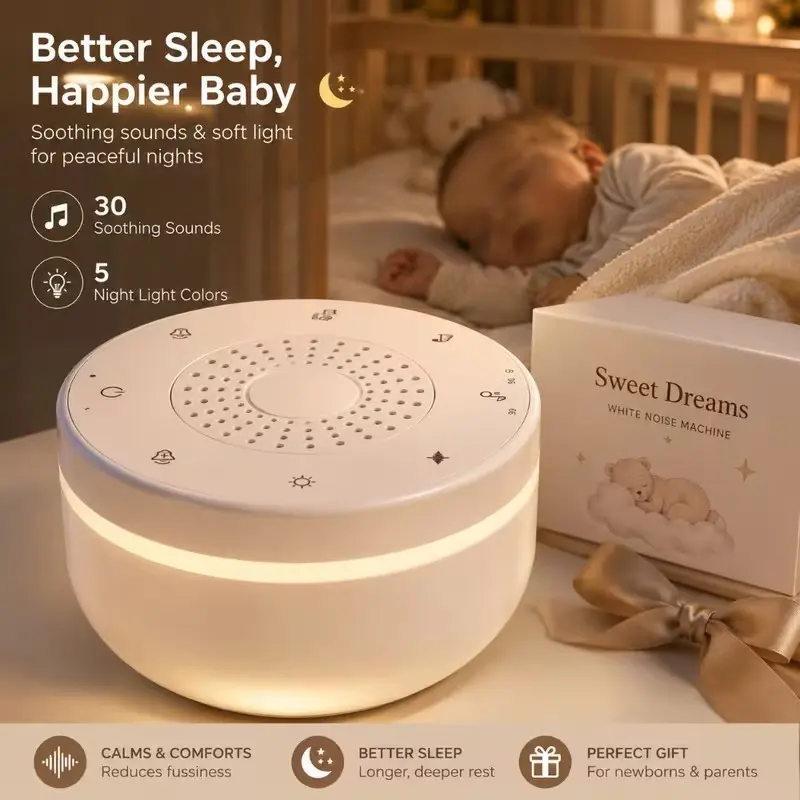 Portable Noise Machine for Babies, Sleep Speaker, 30 Soothing Sounds, Night Light, Rechargeable, No WiFi Needed, Perfect Gift for Newborns