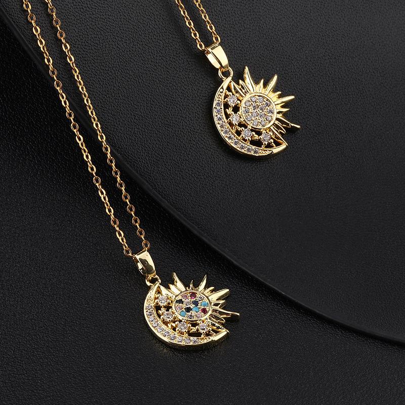 A 2-Piece Set: Sun and Moon Necklaces Adorned with Colorful Cubic Zirconia. Featuring a vintage-inspired design, this set embodies a blend of unique personal style and minimalist trends. It makes an ideal gift for sisters or classmates, and is equally per