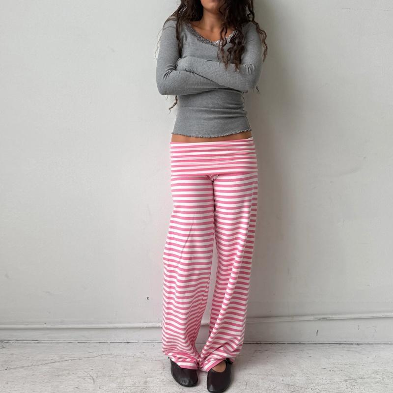 Womens Casual Pajama Pants Striped Low Waisted Lounge Pants Elastic Waist Drawstring Long Trousers