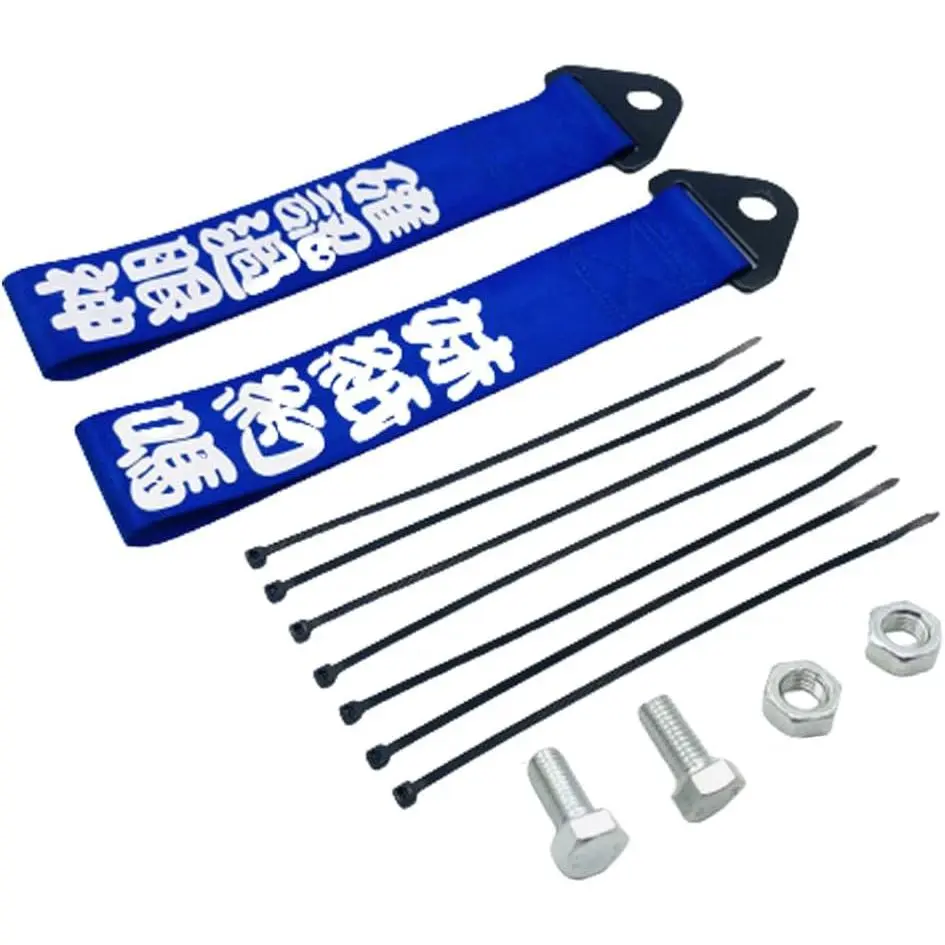 Racing JDM Tow Strap, Blue, 2 count | High-Strength Nylon,  Auto  Hook, Bumper Decorative, Chinese Slogan