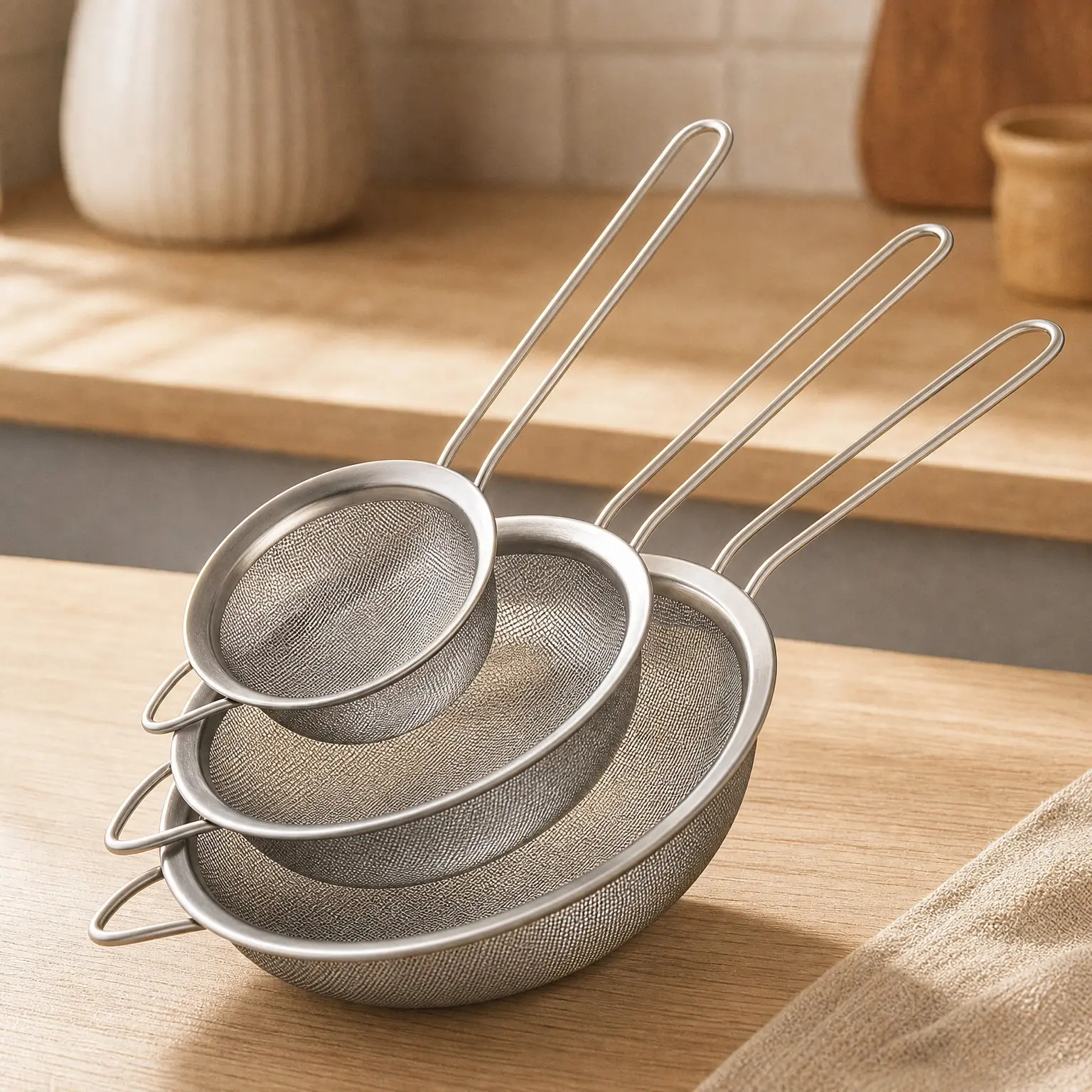 Fine Mesh Strainers Set, Premium Stainless Steel Colanders and Sifters, Reinforced Frame Sturdy Handle, Perfect for Sift, Strain, Drain Rinse Vegetables, Pastas Tea - 3 Sizes