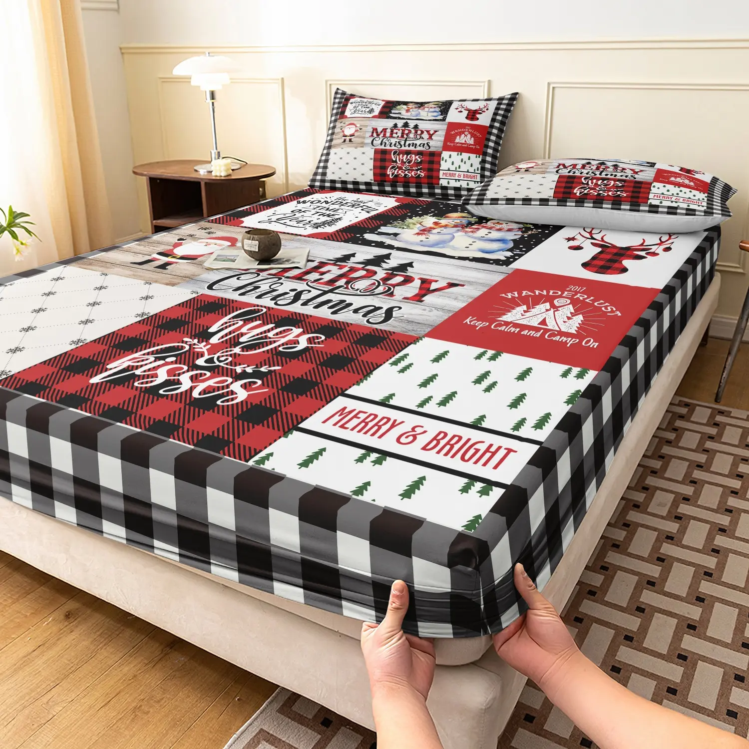 3Pcs Christmas Buffalo Patchwork Plaid Print Fitted Sheet Set, Reindeer Snowflake Wooden Grain Letter Printed Bedding, For Bedroom Decoration Christmas Gift, Multiple Sizes Available (1 Fitted Sheet + 2 Pillowcases, No Pillow)