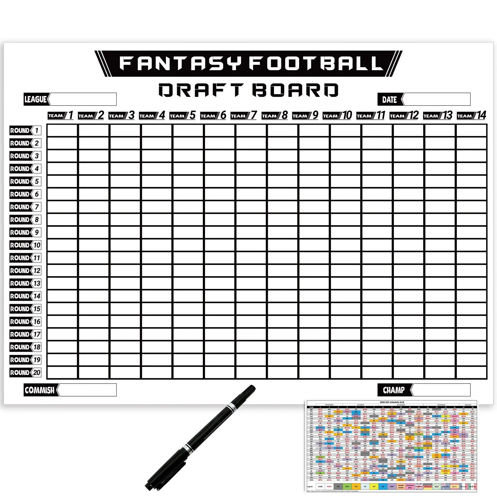 45.3 x 33.5 inches Fantasy Football Draft Board 2026-2027, 14 Teams 20 Rounds Draft Board with Schedule Grid