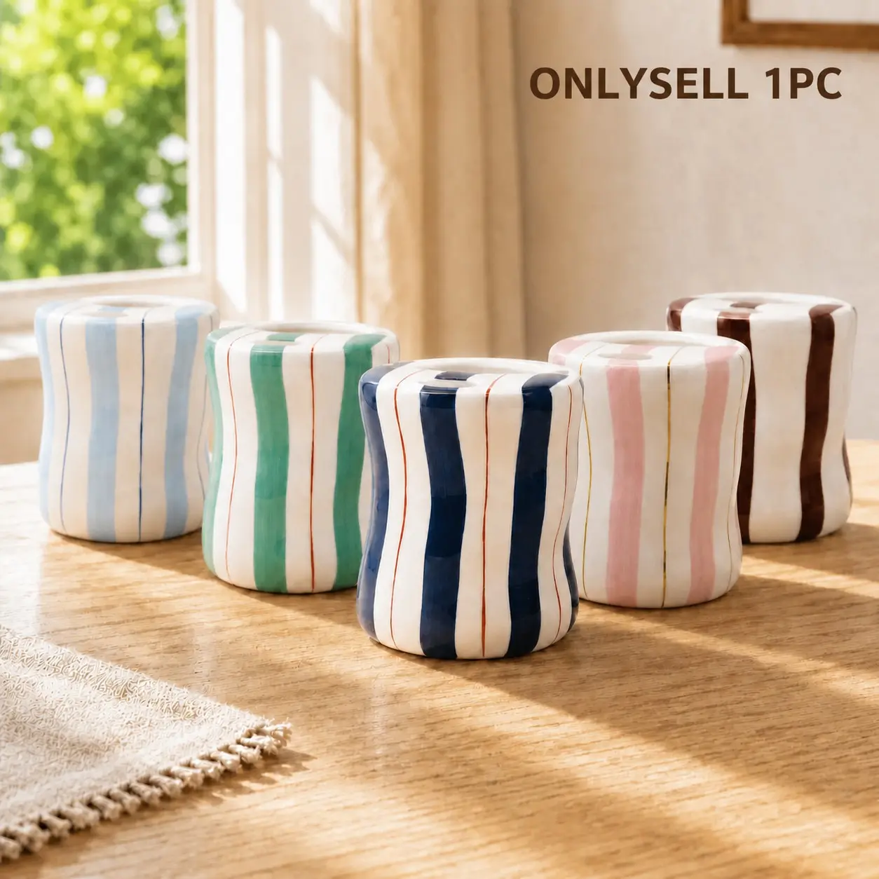 Modern Wavy Stripe Ceramic Reusable Coffee Mug, 10 Oz / 300 Ml, Hand-Painted Style, Ideal for Coffee, Tea, Milk, Home Office Use