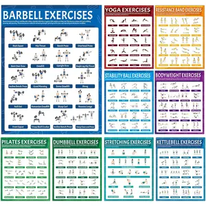 9Pcs Exercise Poster Set Workout Chart Posters for Dumbbell Kettlebell Yoga Stretching Pilates Fitness Decoration for Home Gym