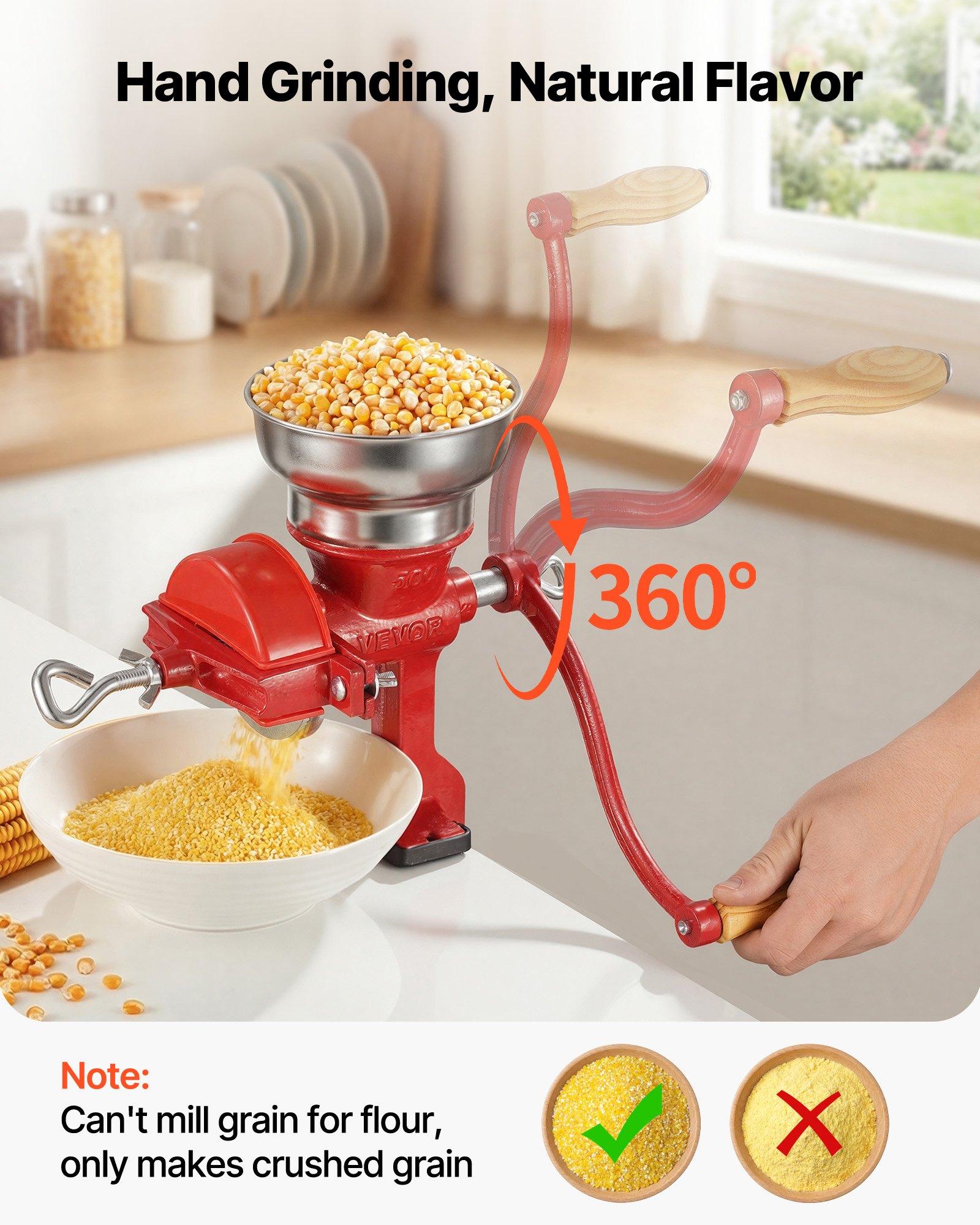 VEVOR Manual Grain Mill with Low Hopper, Hand-Crank Corn Grinder, Heavy Duty Cast Iron Wheat Grinding Mill with Stable Table Clamp & Dust Cover for Grains Spices Coffee Beans Nuts