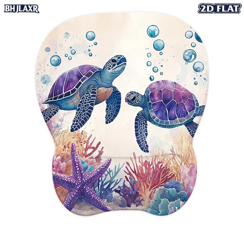 1Pc 2D Flat Ergonomic Mouse Pad with Wrist Support, Aesthetic Ocean Sea Turtle Design, Soft Comfortable Mouse Wrist Rest with Non-Slip Base, Durable Desk Decor for Gaming, Home & Office Supplies