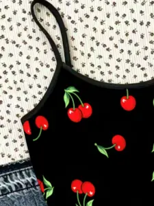 1PC Girls Black Red Cherry All Over Print Spaghetti Strap Cami Tank Top, Black Trim Adjustable Thin Strap Side Ruched Slim Fit Crop Camisole, Y2K Coquette Retro Cute Summer Sleeveless Tops for Little Girls Daily Street Beach Holiday Casual Outfits