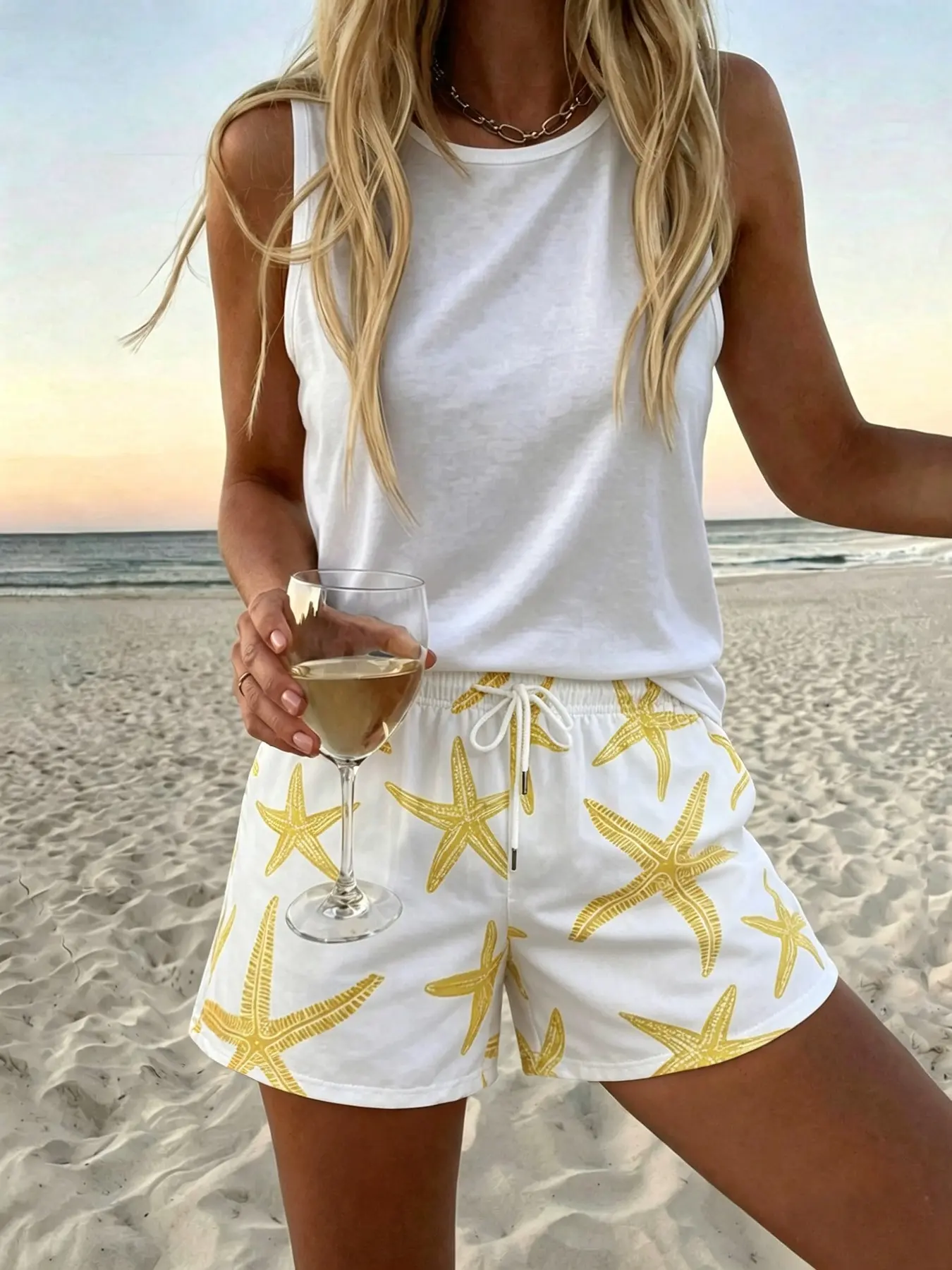 Women's Starfish Print Drawstring Waist Loose Shorts, Comfortable Casual Wear, Fashionable Bottoms for Daily Use, Beach Vacation