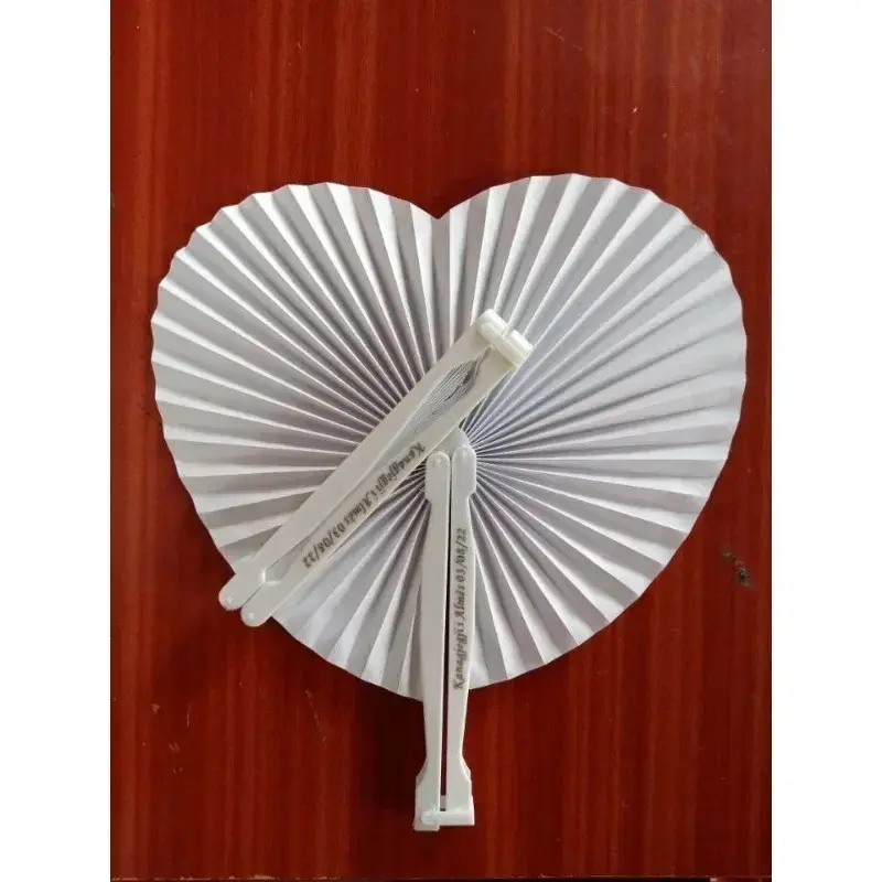 Custom White Folding Paper Fans,Heart Shaped Plastic Handles for Weddings, Souvenirs, Parties