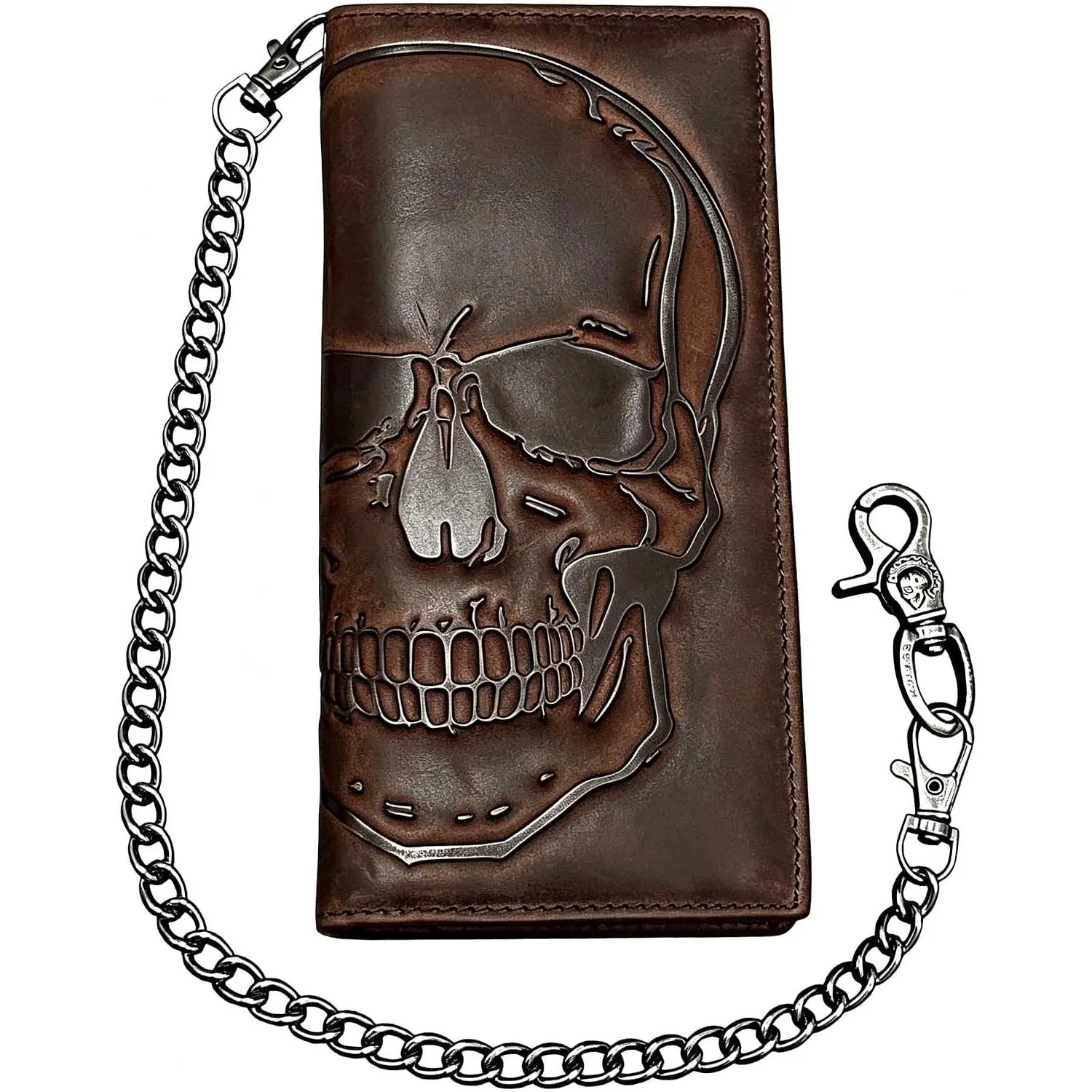 Skull Long Bifold Wallet for Men Full Grain Cowhide  Biker Wallet with Chain, RFID-Blocking, Brown