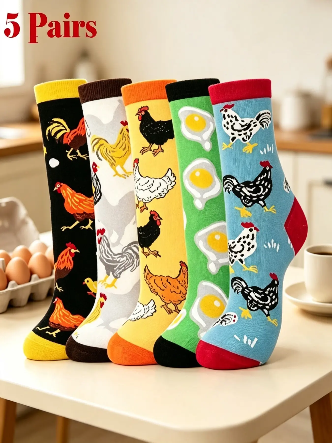 5 Pairs Colorful Farm Chicken Pattern Women's Casual Crew Socks, High Elastic Comfortable Breathable Sports Socks, Perfect Gift for Animal Lovers