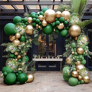 65Pcs Green Gold Balloons Set, Dark Green & Metallic Gold Balloons, Confetti Latex Balloons for Birthday, Graduation, St. Patrick's Day, Jungle Party Decorations
