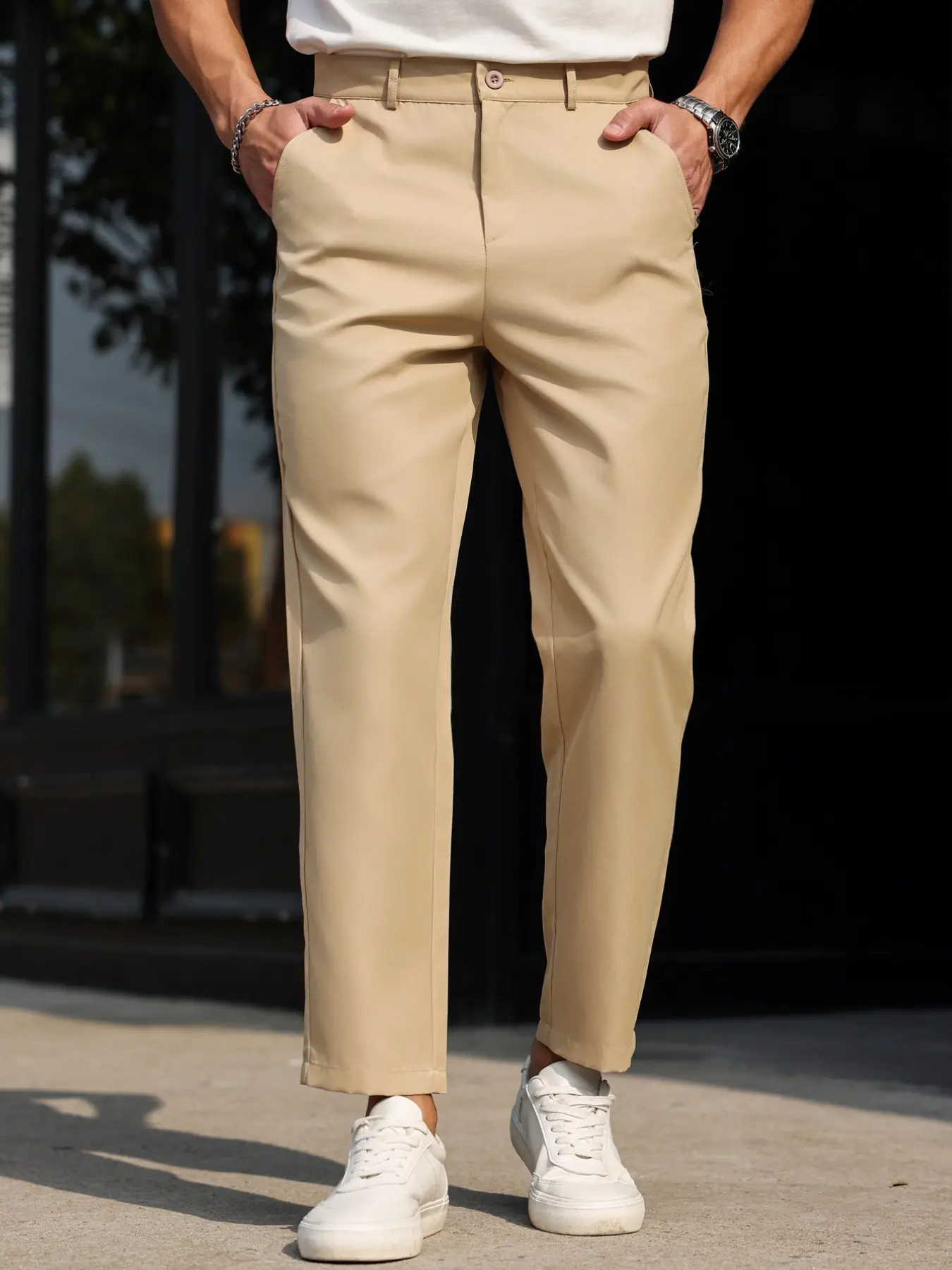 Men's Business Casual Fitted Pants, Smart Design for Office & Home Use, Spring & Fall Wear, Flat Front Style, Casual Zipper Trousers