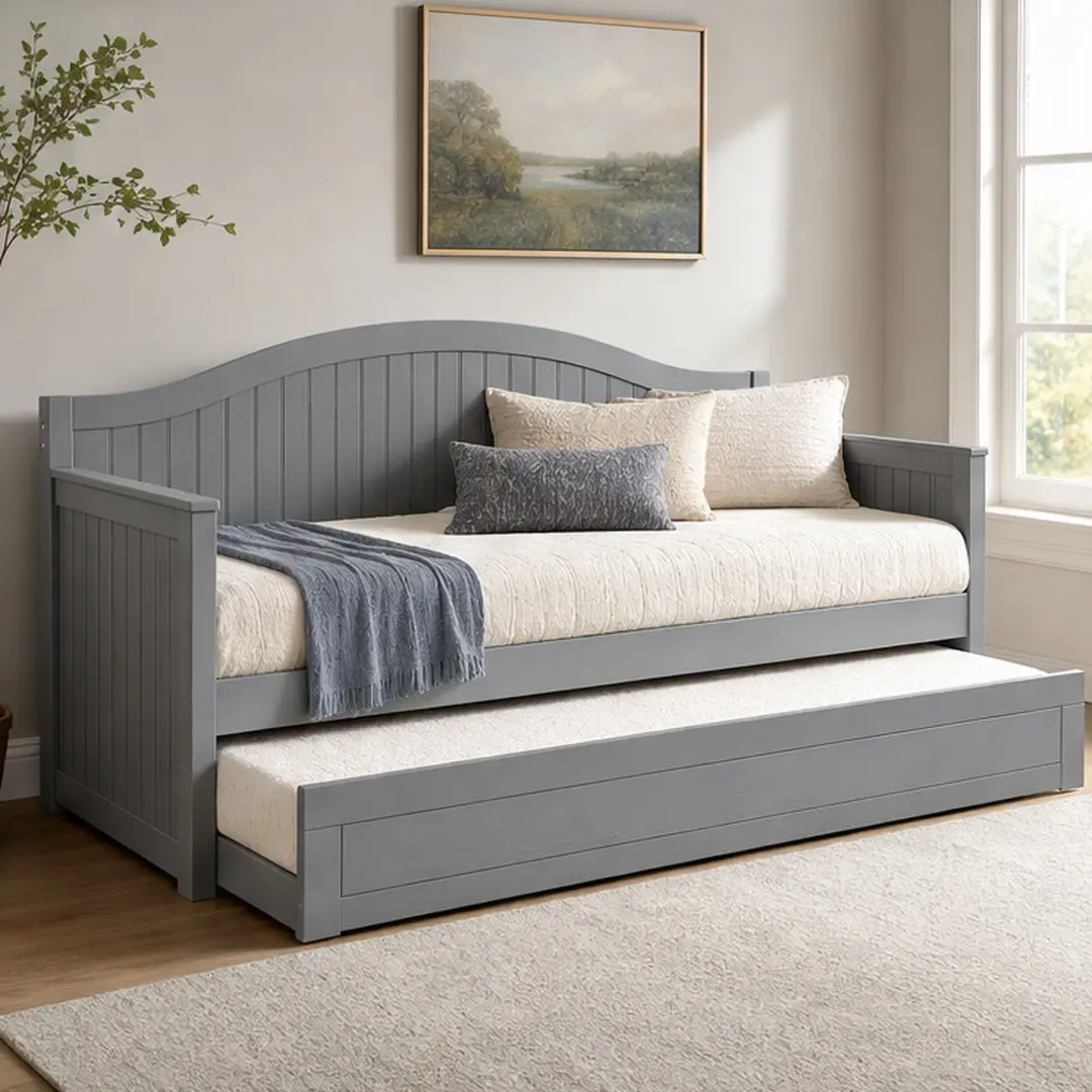 ARCH Twin Solid Wood Daybed Frame with Pull Out Trundle Bed - Arched Silhouette, Cottage Look, Beadboard Panel, Space-Saving Sofa Bed, Assembly Required, Wipe Clean, 77.95L x 42.3W x 37.8H in, Espresso/Gray/White, Standard Mattress Compatible, 86.00 lb