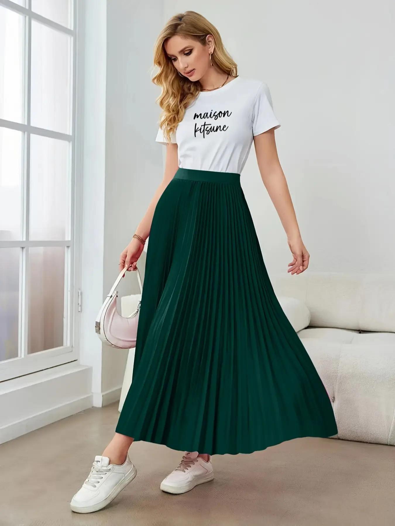 Women's Solid Color Pleated Skirt, Elegant Fashion Long Maxiskirt for Work Office Business, Ladies Spring & Fall Clothes, Formal Fashion Skirt, Flowy Pleated Skirts, Loose Skirt, Plain Color Skirt, Loose Feeling Skirt