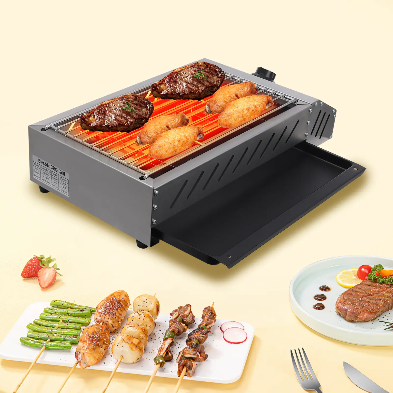 1800W Stainless Steel Countertop Grill, 4kg, 110V, 42.5*22cm Silver Electric Grill, 122-572°F Adjustable Temp, for Steak, Restaurant, Patio Party Use