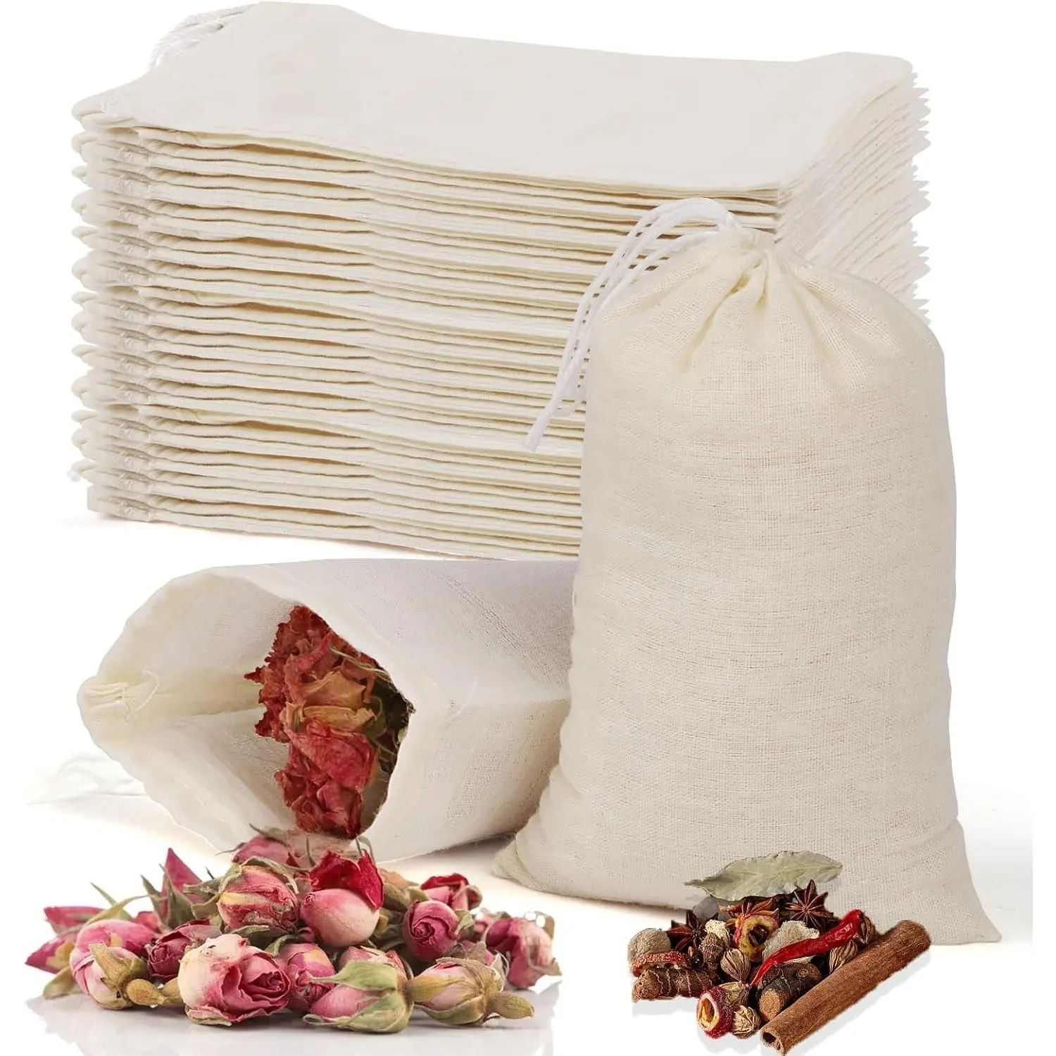 60 Pcs Empty Spice Bags for Cooking Soup, 3x4 In Natural Muslin Drawstring Bag, Reusable Tea Bags for Loose Tea, Small Cheese Cloth Cotton Bag for Straining, Unbleached Cheesecloth Herb Sachet Bag