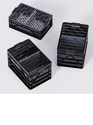 CRATE Starter Pack - Two Full Size and One Half Size SidioCrate, Stackable Outdoor Organizer Storage Bins with Clear Lid and Dividers - Black