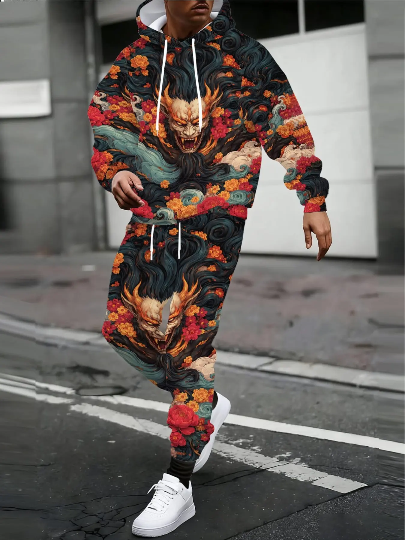 Men's 3D Printed Japanese Buddhist Lotus Cloud Full Print Hooded Sweatshirt and Pants Set, Casual Fall Winter Sportswear