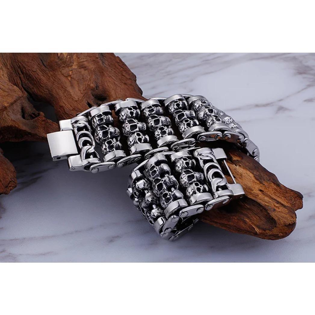 Punk 316L Stainless Steel Multiple Skull Heads Charm Bracelet for Men, Biker Hand Chain, Gothic Heavy Metal Jewelry,