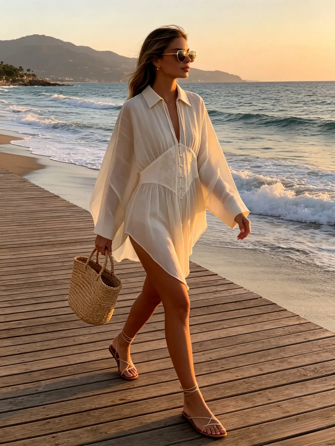 Loose-Fit Lightweight Chiffon Long Sleeve Blouse, Ivory Semi-Transparent Beach Shirt, Summer Vacation, Lapel Collar, Asymmetrical Hem