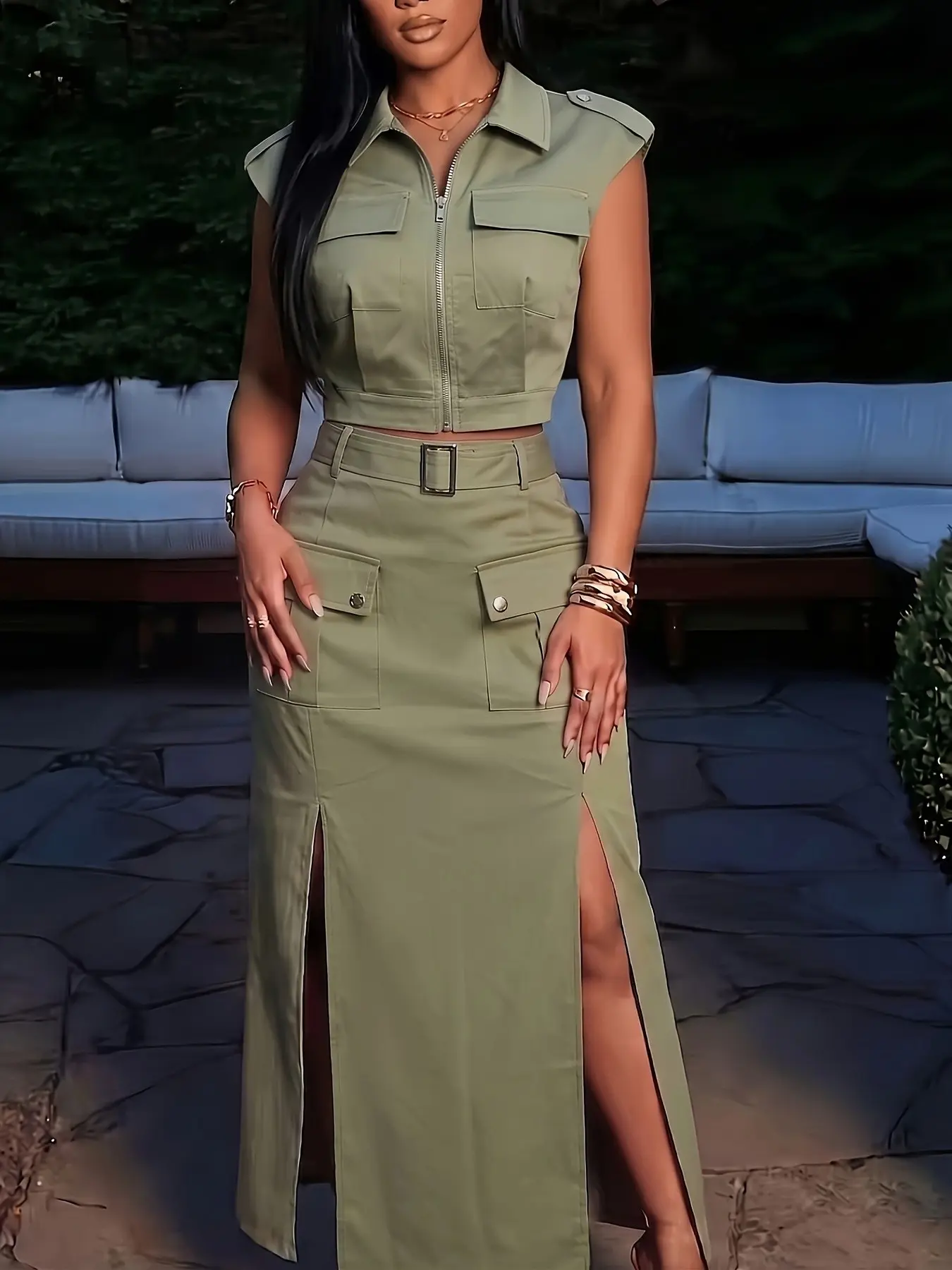 Summer New Retro Vintage Workwear Style Casual Set for Women, Sleeveless Workwear Vest High Waist Split Slit Skirt Two Piece Set, Fashionable and Comfortable