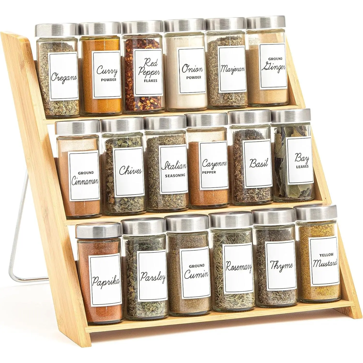 18 Jar Bamboo Compact Spice Rack with Spices Included & 5-Year Free Spice Refill Program for Countertop or Kitchen Drawer with Glass Jars