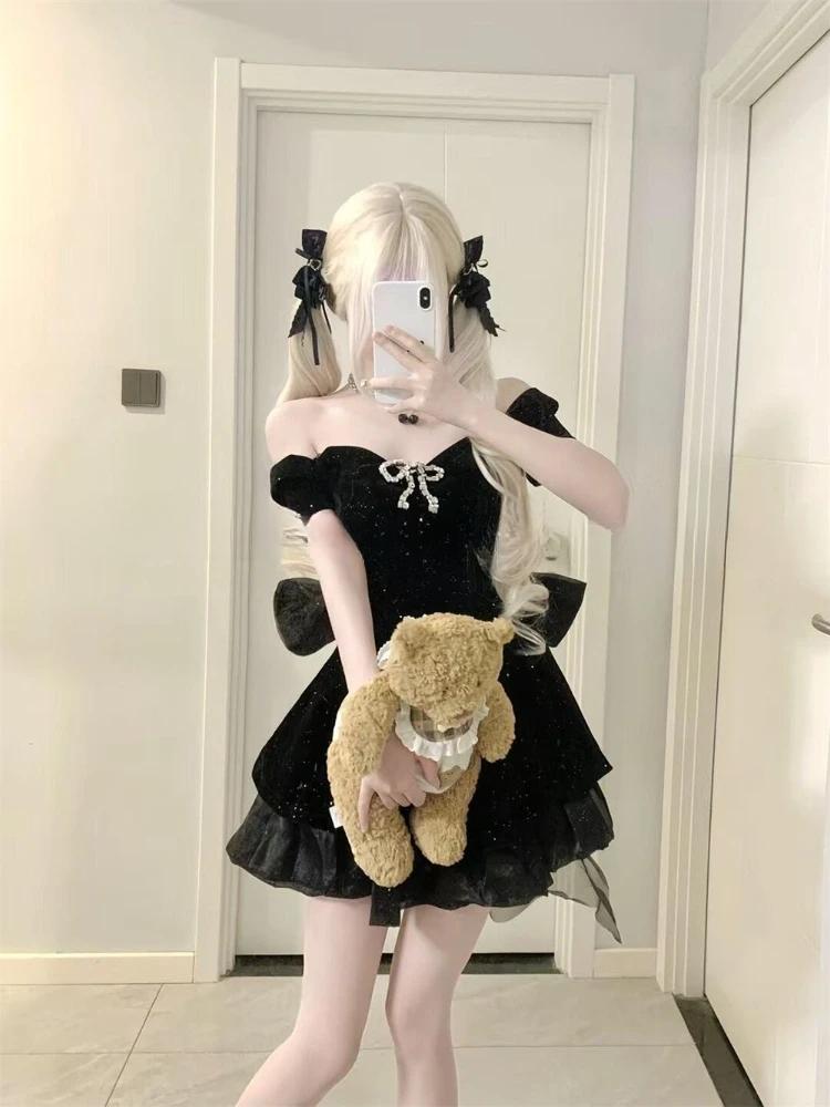 Black French Vintage One Piece Dress Woman Gothic Off Shoulder Bow Retro Mini Dress Female Fairy Birthday Party Chic Outfit 2026