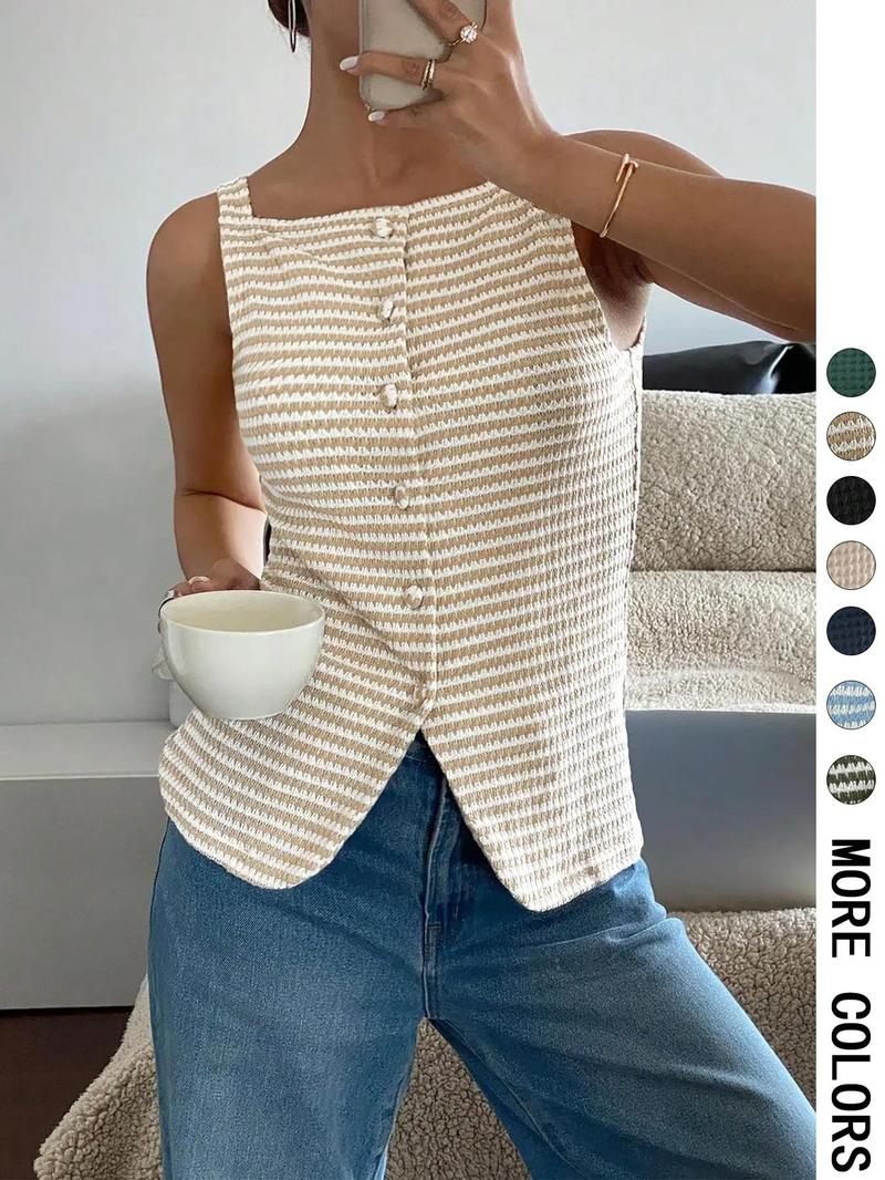 Women's Square Neck Tank Top Sleeveless Button Closure Top for Daily Wear, Ladies Clothes for All Seasons, Cropped Cami Top