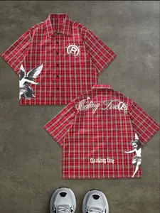 Plaid Short Sleeve Blouse, Left Chest R Logo + Side Wing Print, American Retro Street Style, Loose Fit, Trendy and Cool